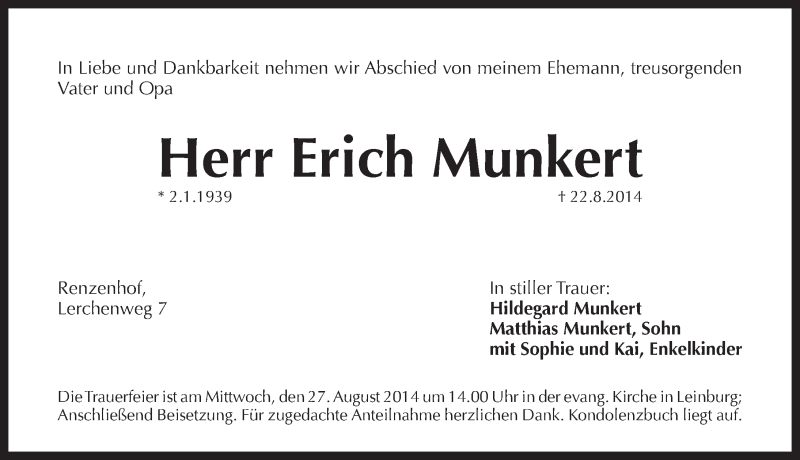  Traueranzeige für Erich Munkert vom 25.08.2014 aus Pegnitz-Zeitung